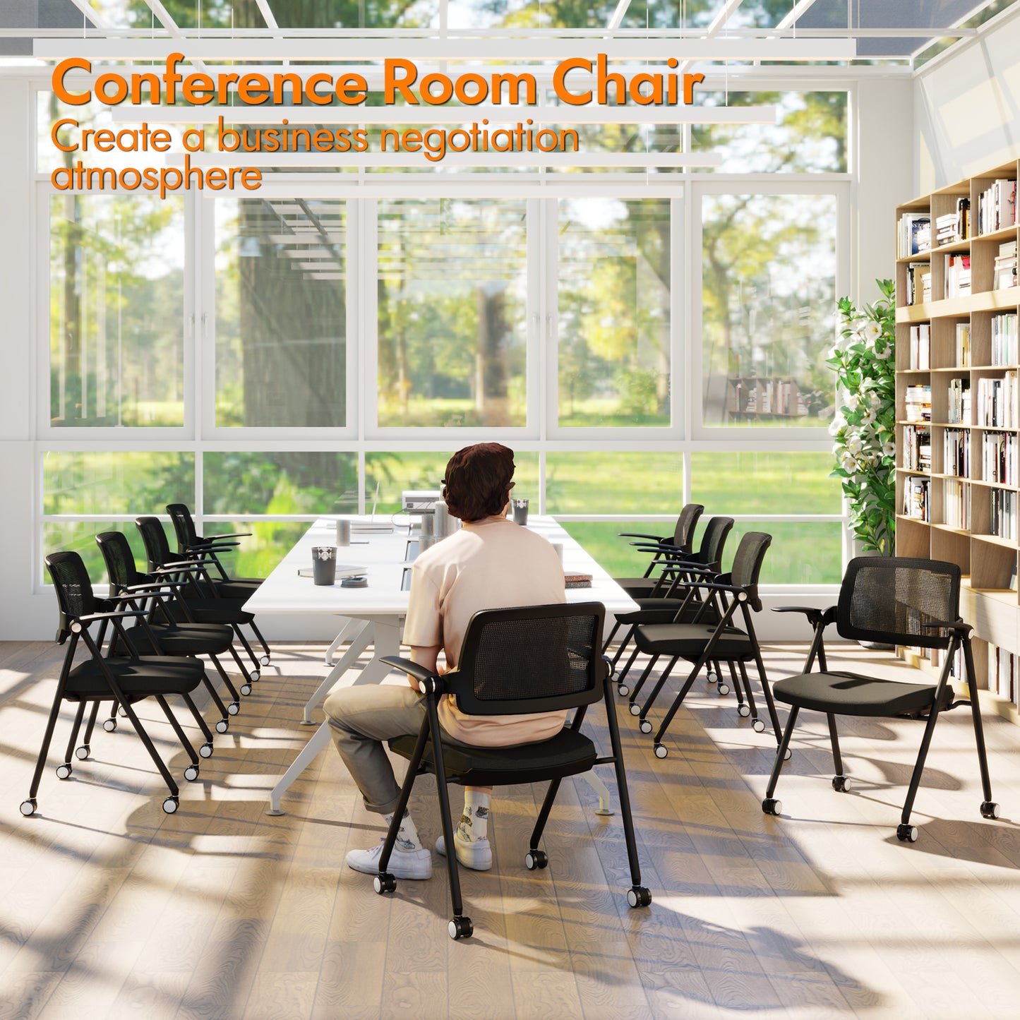 FYLICA Stackable & Foldable Office Chair, Folding Desk Chair with Flip-Up Armrest, Breathable Mesh, Thick Seat Cushion & Rocking Backrest, Conference Room Chair with Wheel