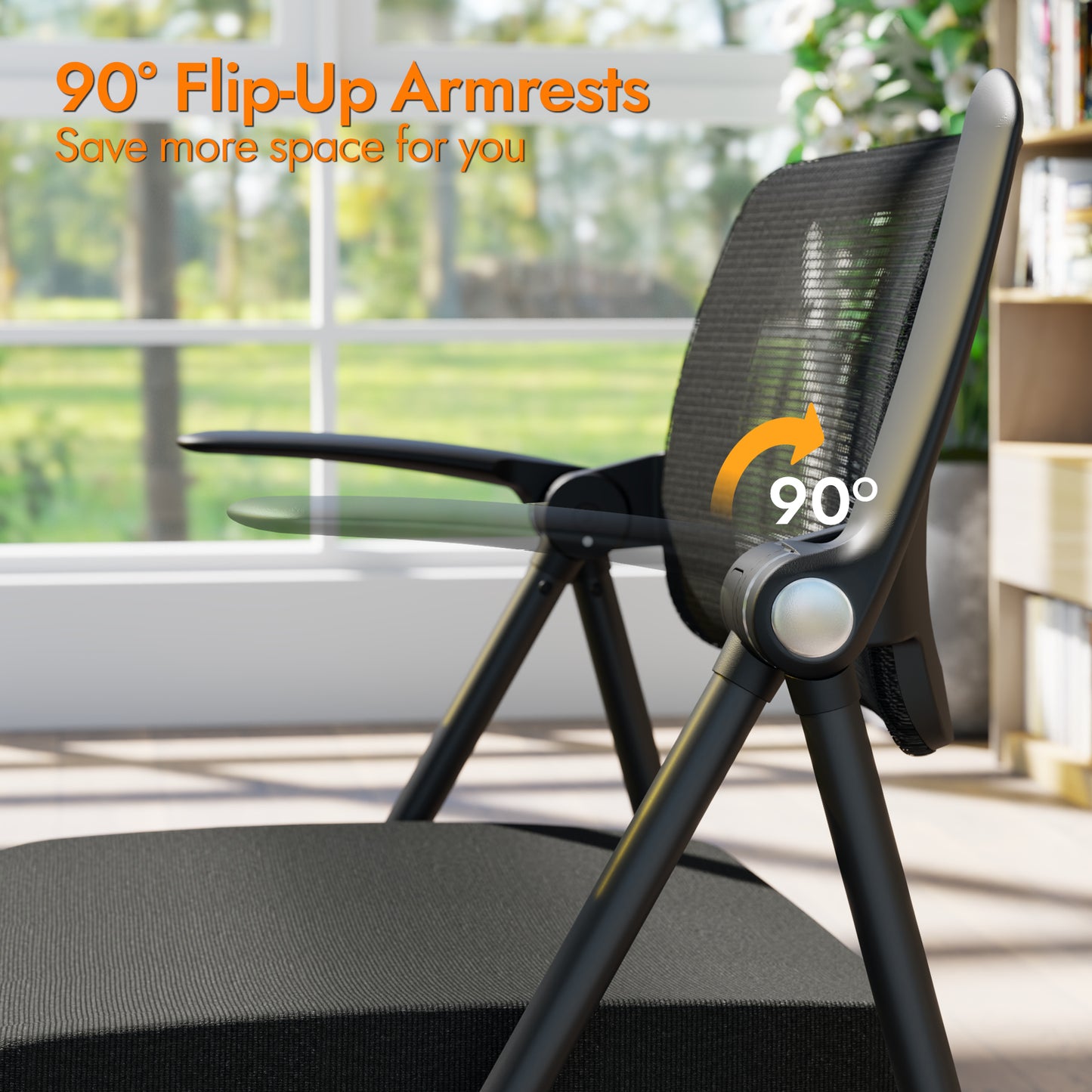 FYLICA Stackable & Foldable Office Chair, Folding Desk Chair with Flip-Up Armrest, Breathable Mesh, Thick Seat Cushion & Rocking Backrest, Conference Room Chair with Wheel