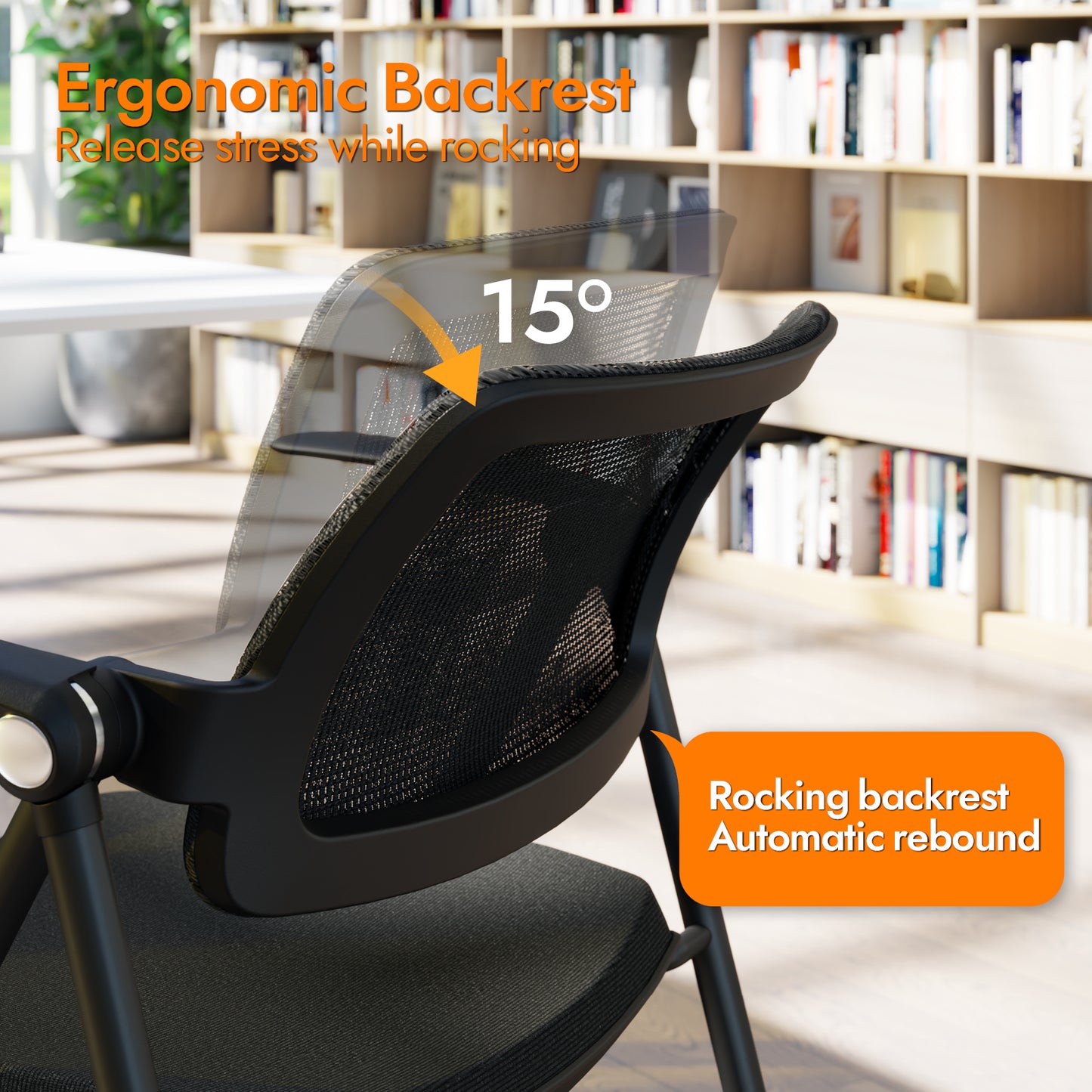 FYLICA Stackable & Foldable Office Chair, Folding Desk Chair with Flip-Up Armrest, Breathable Mesh, Thick Seat Cushion & Rocking Backrest, Conference Room Chair with Wheel