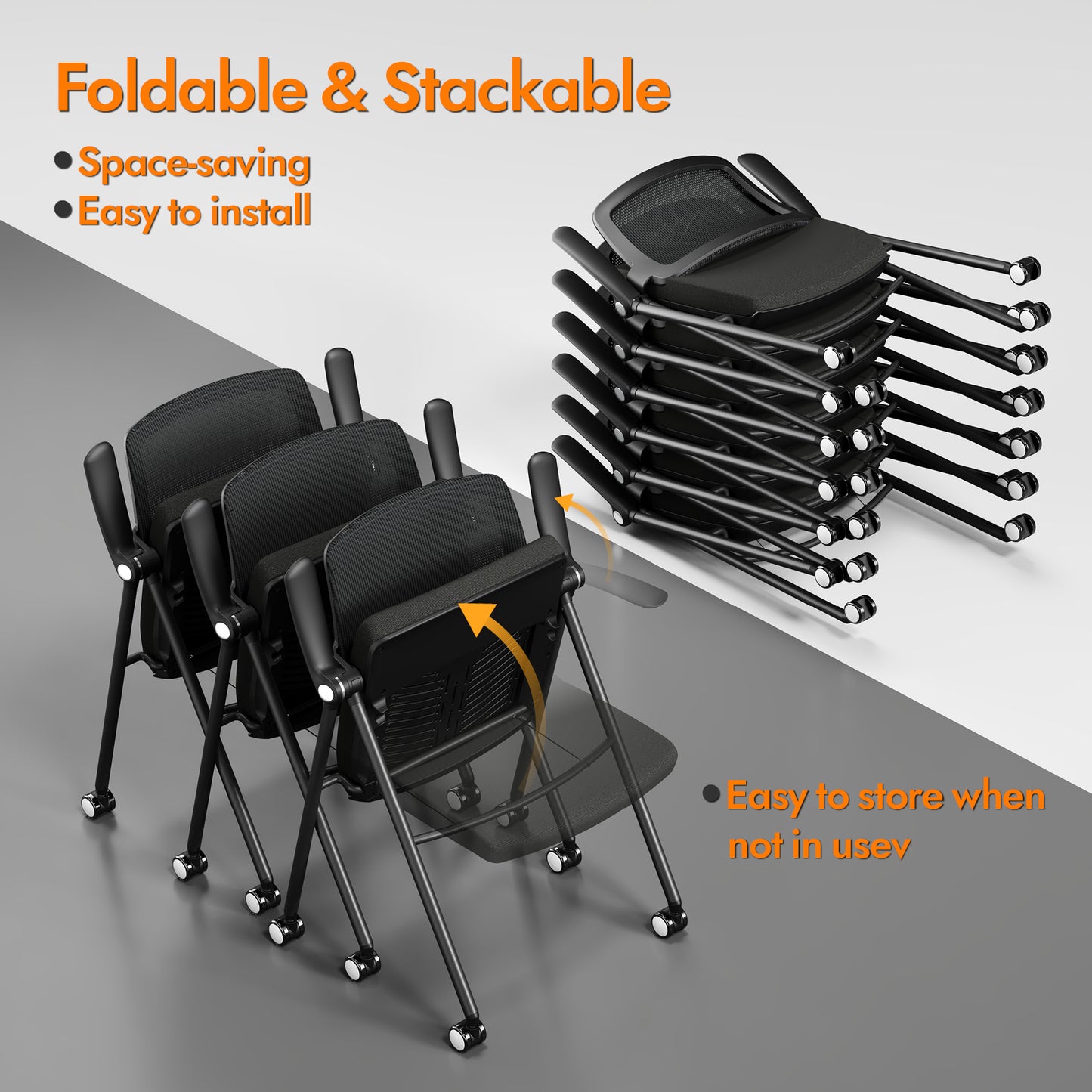 FYLICA Stackable & Foldable Office Chair, Folding Desk Chair with Flip-Up Armrest, Breathable Mesh, Thick Seat Cushion & Rocking Backrest, Conference Room Chair with Wheel
