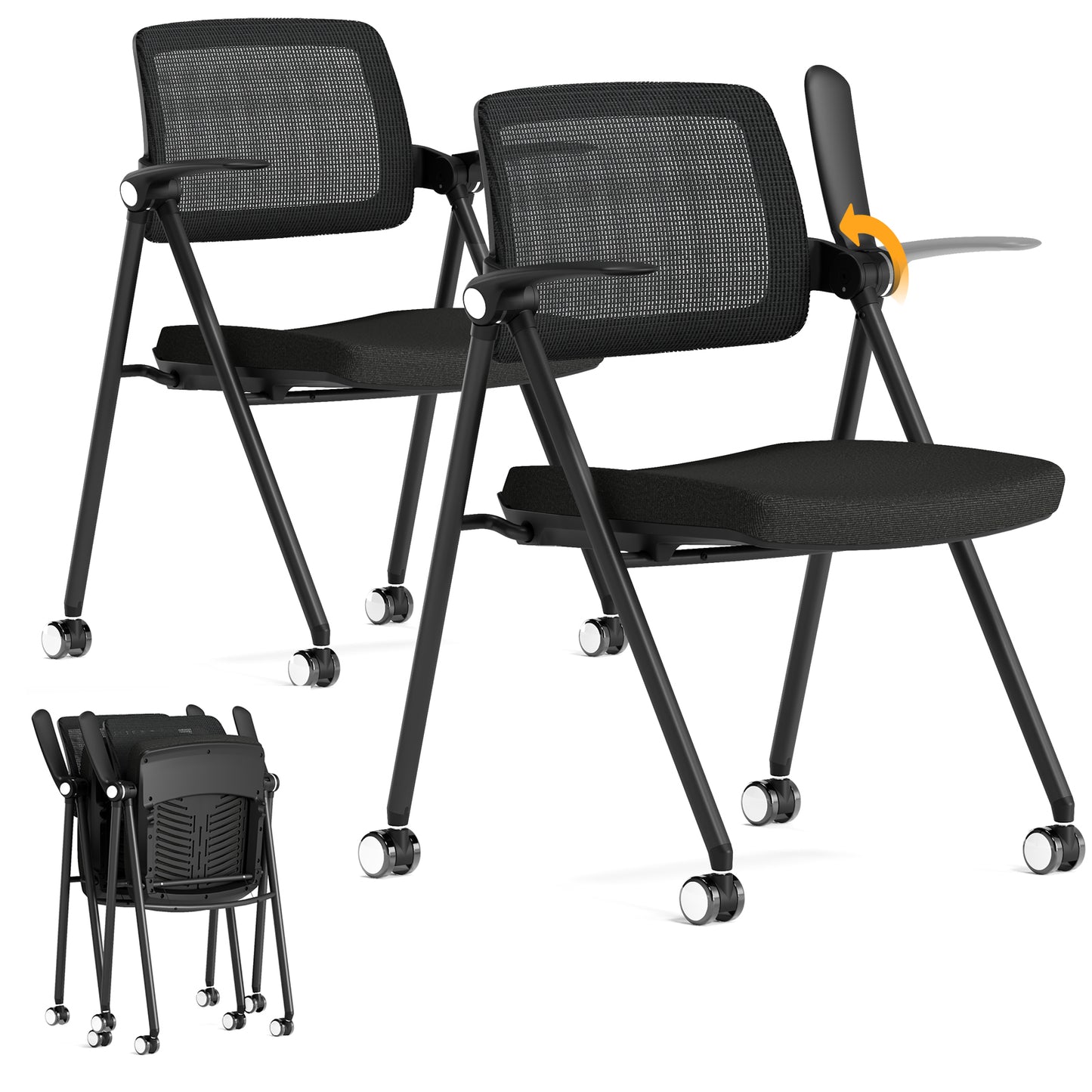 FYLICA Stackable & Foldable Office Chair, Folding Desk Chair with Flip-Up Armrest, Breathable Mesh, Thick Seat Cushion & Rocking Backrest, Conference Room Chair with Wheel
