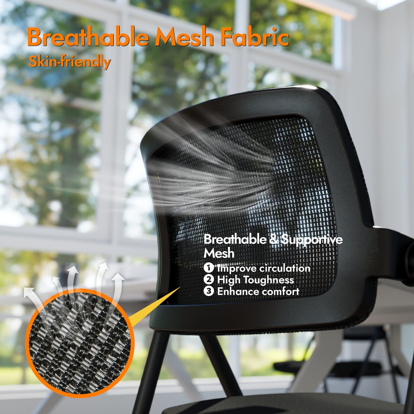 FYLICA Stackable & Foldable Office Chair, Folding Desk Chair with Flip-Up Armrest, Breathable Mesh, Thick Seat Cushion & Rocking Backrest, Conference Room Chair with Wheel