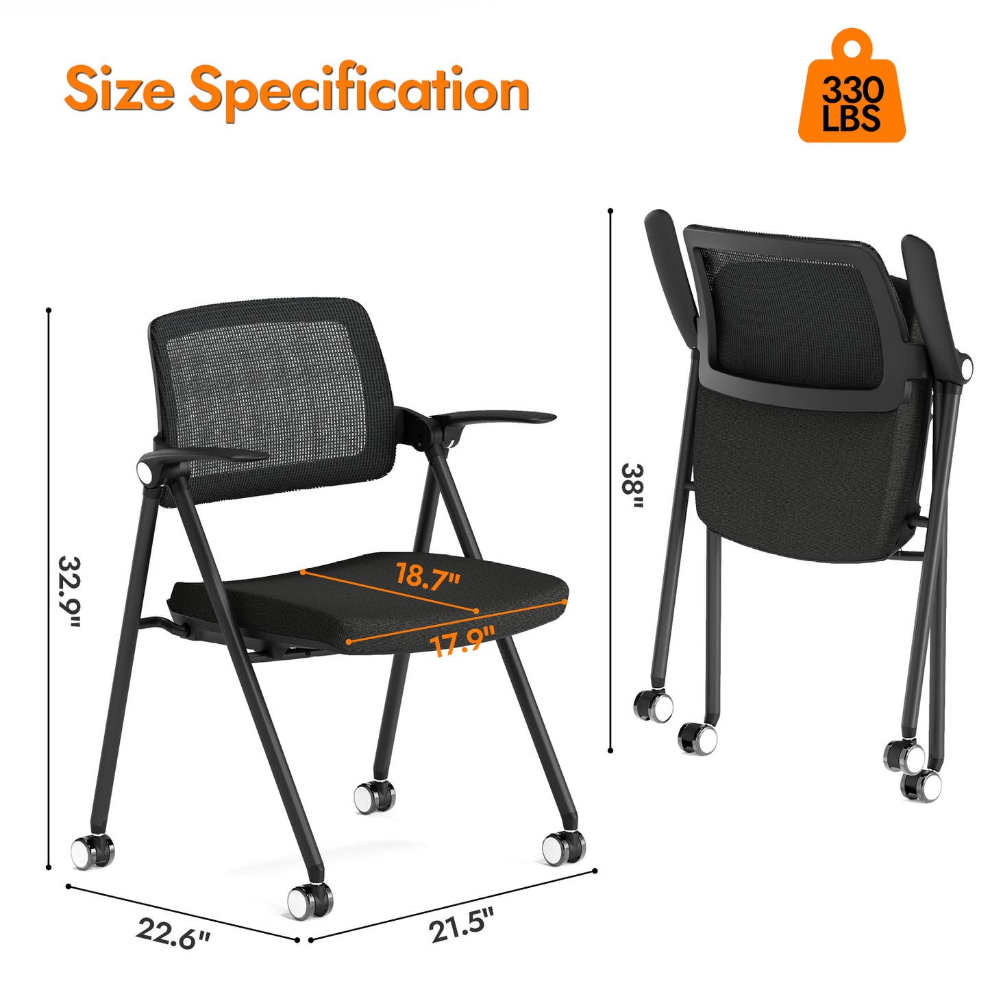 FYLICA Stackable & Foldable Office Chair, Folding Desk Chair with Flip-Up Armrest, Breathable Mesh, Thick Seat Cushion & Rocking Backrest, Conference Room Chair with Wheel