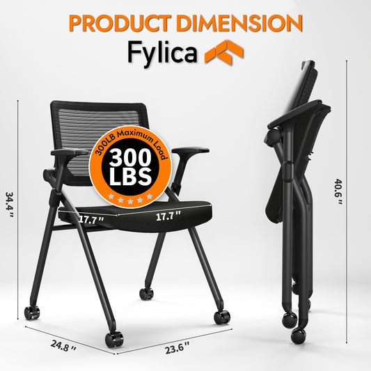 Foldable Office Chair Set of 2 with PU Wheels Ergonomic Mesh Bouncing Back, Stackable Conference Room Chair, Office Guest & Reception & Meeting Chair