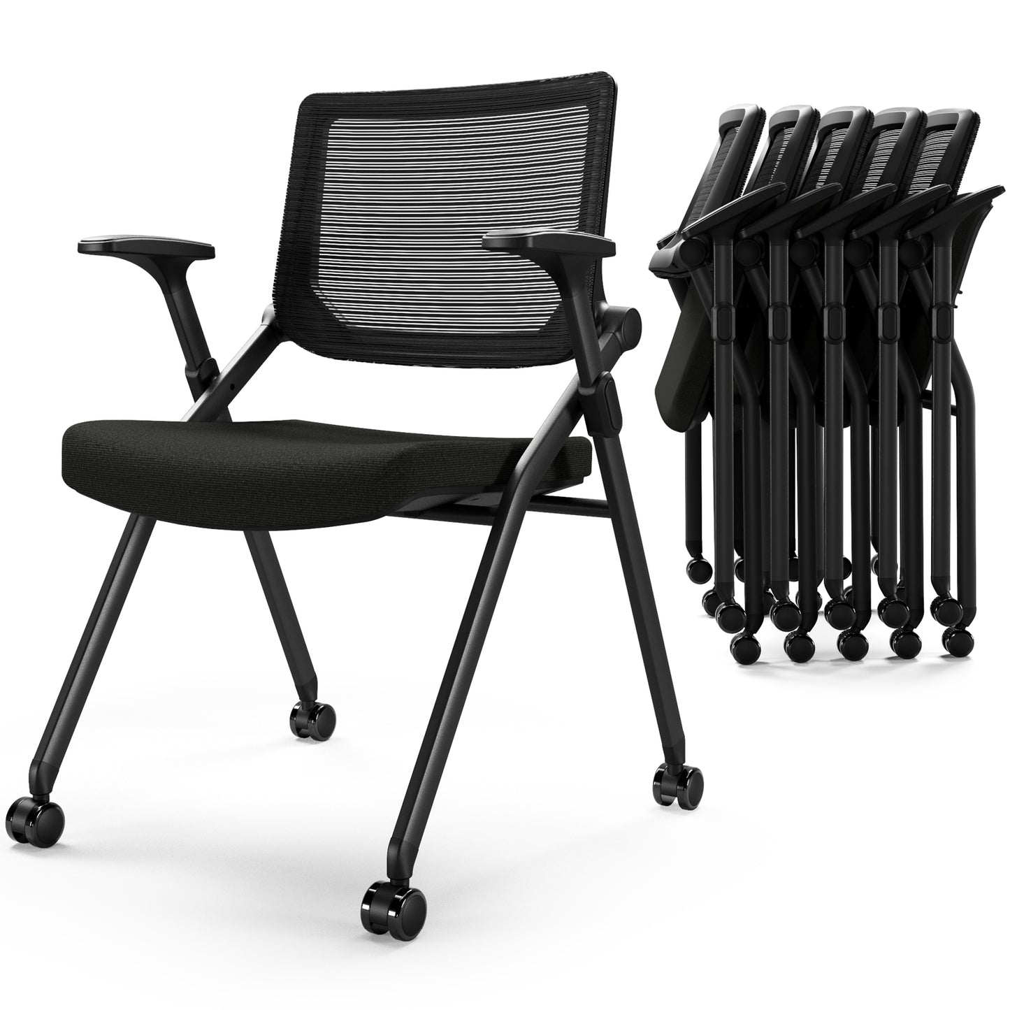 Foldable Office Chair Set of 2 with PU Wheels Ergonomic Mesh Bouncing Back, Stackable Conference Room Chair, Office Guest & Reception & Meeting Chair