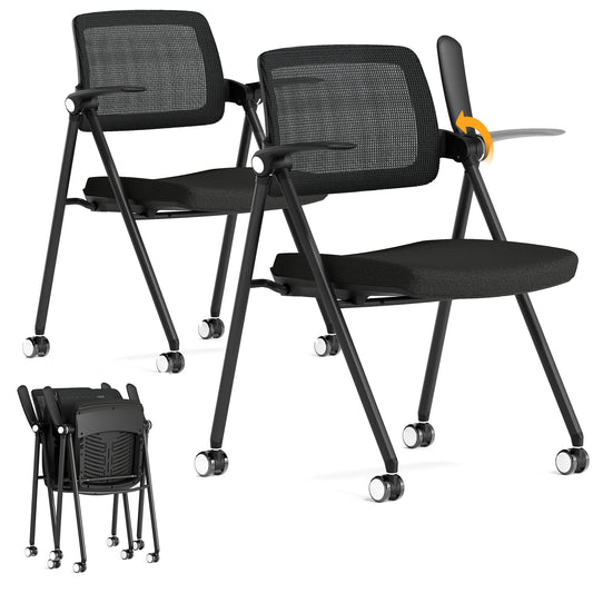 FYLICA Stackable & Foldable Office Chair, Folding Desk Chair with Flip-Up Armrest, Breathable Mesh, Thick Seat Cushion & Rocking Backrest, Conference Room Chair with Wheel