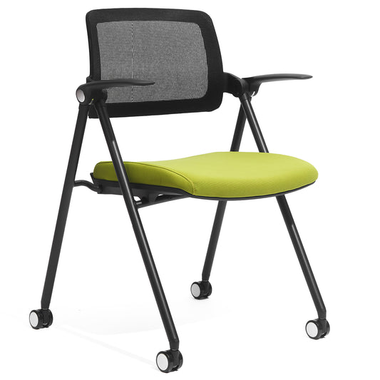 FYLICA Stackable & Foldable Office Chair, Folding Desk Chair with Flip-Up Armrest, Breathable Mesh, Thick Seat Cushion & Rocking Backrest, Conference Room Chair with Wheel